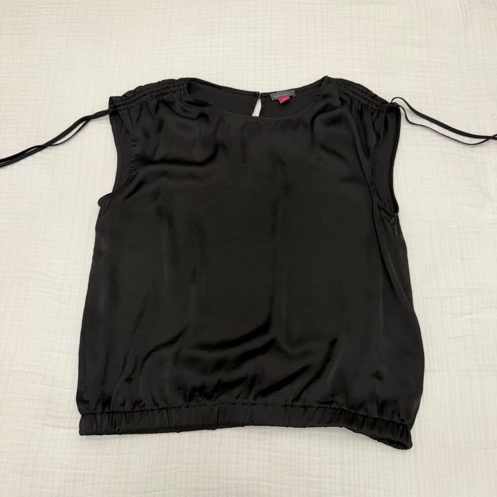 vince camuto black satin ruched shoulder blouse